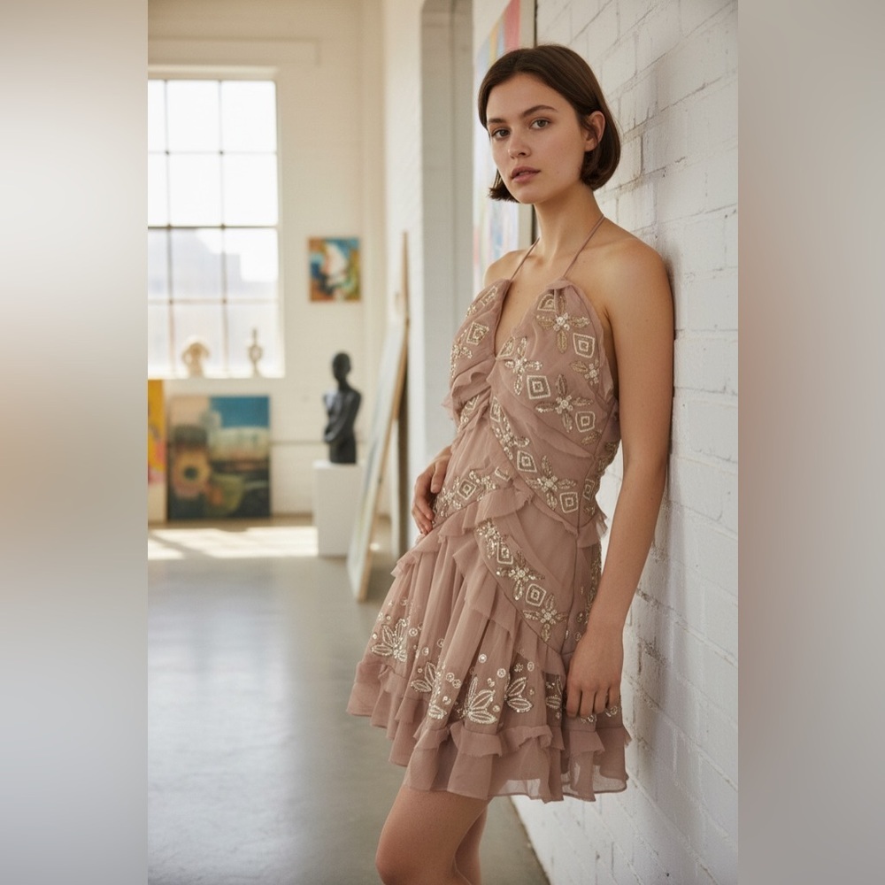 ASOS Design Embellished Tiered Halter Neck Mini Dress in Blush Pink